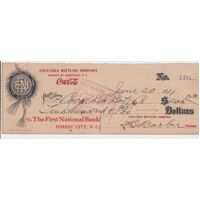 Coca Cola Coke Cheque Asheville N.C. Coca Cola Bottling Co 1911